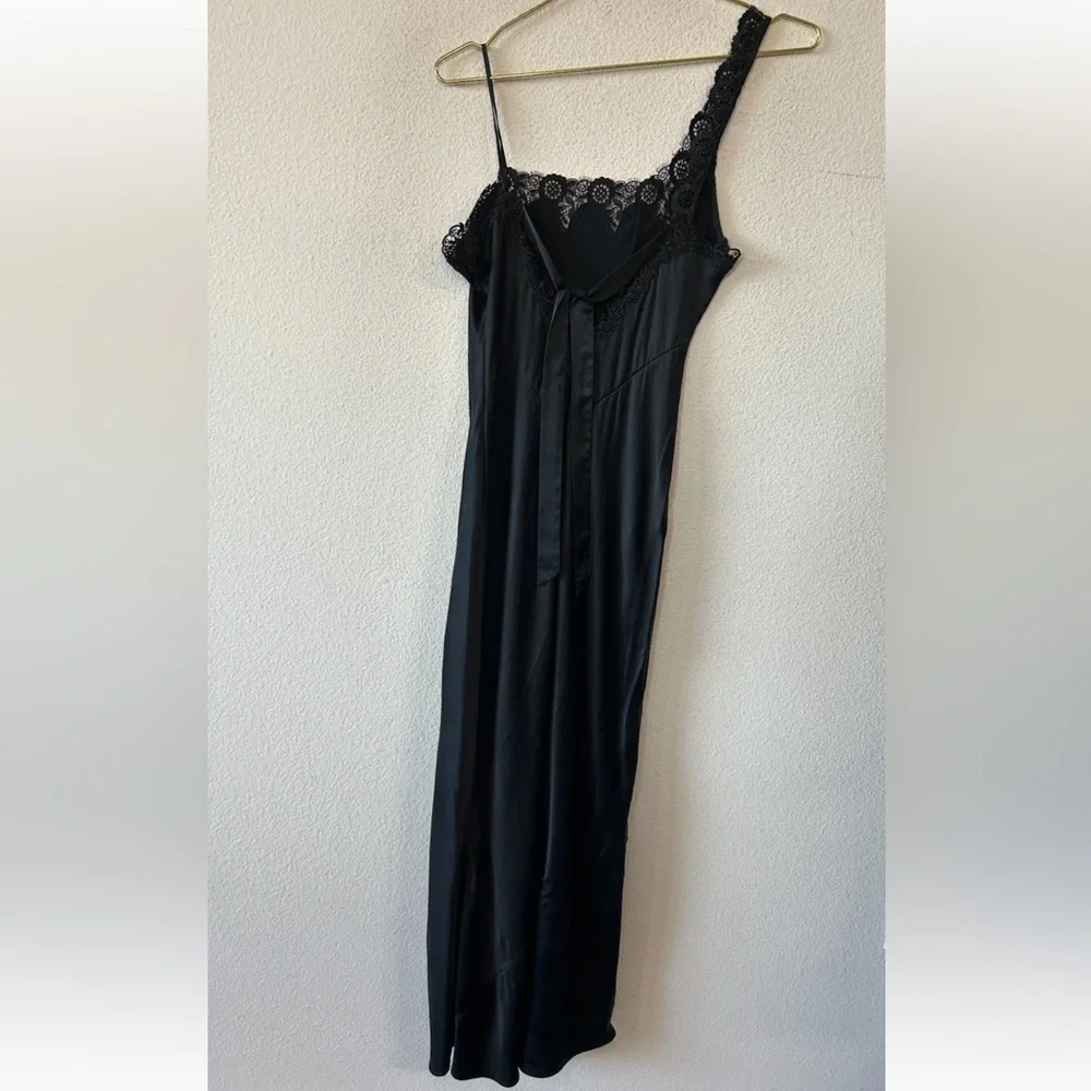 Vintage Y2K Black Silk Slip Dress Lace One Shoulder Maxi Goth S/M - Picture 10 of 13